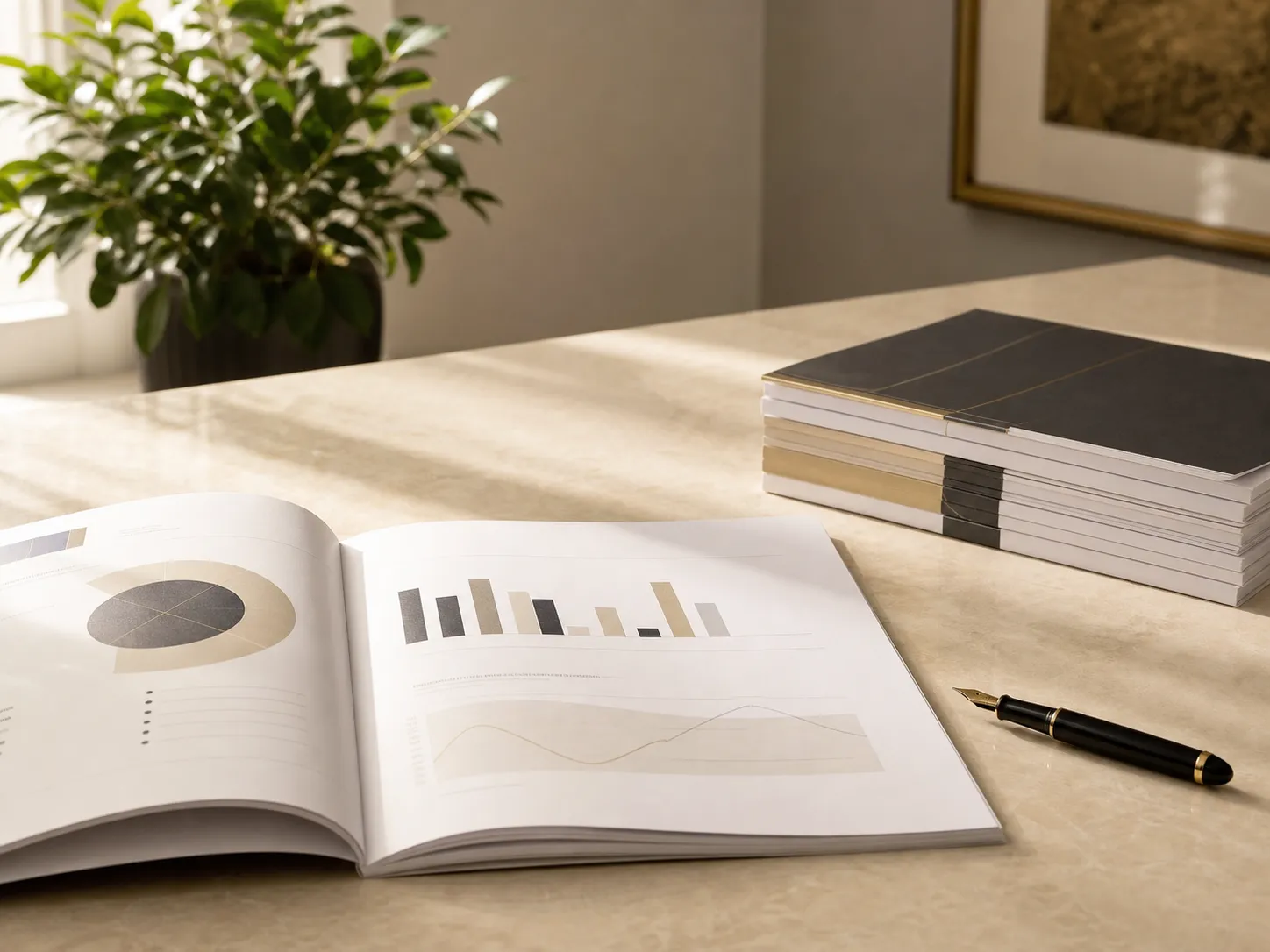 Financial planning reports, charts and a pen arranged for professional review