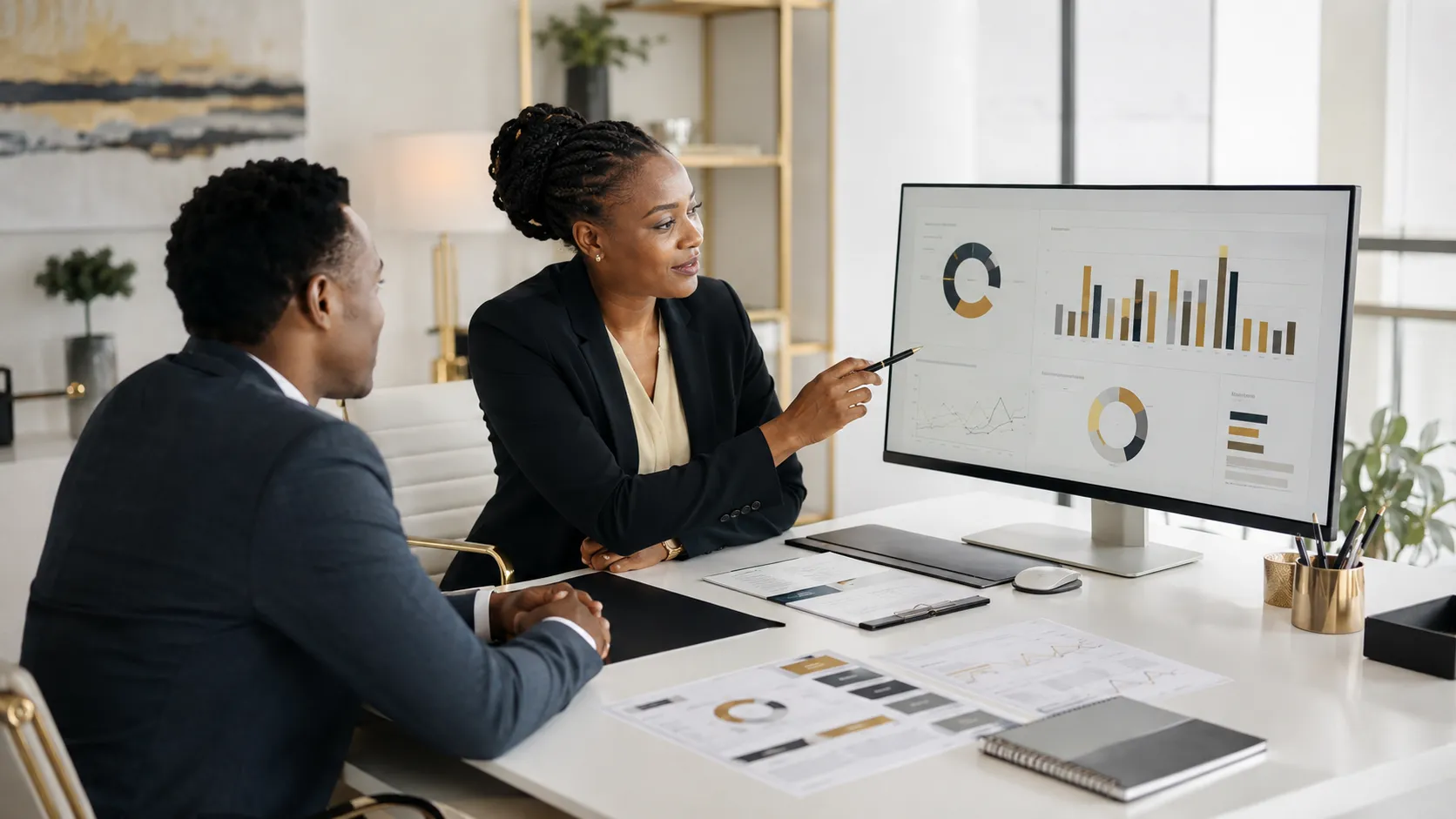 Financial adviser reviewing an investment plan with a South African client