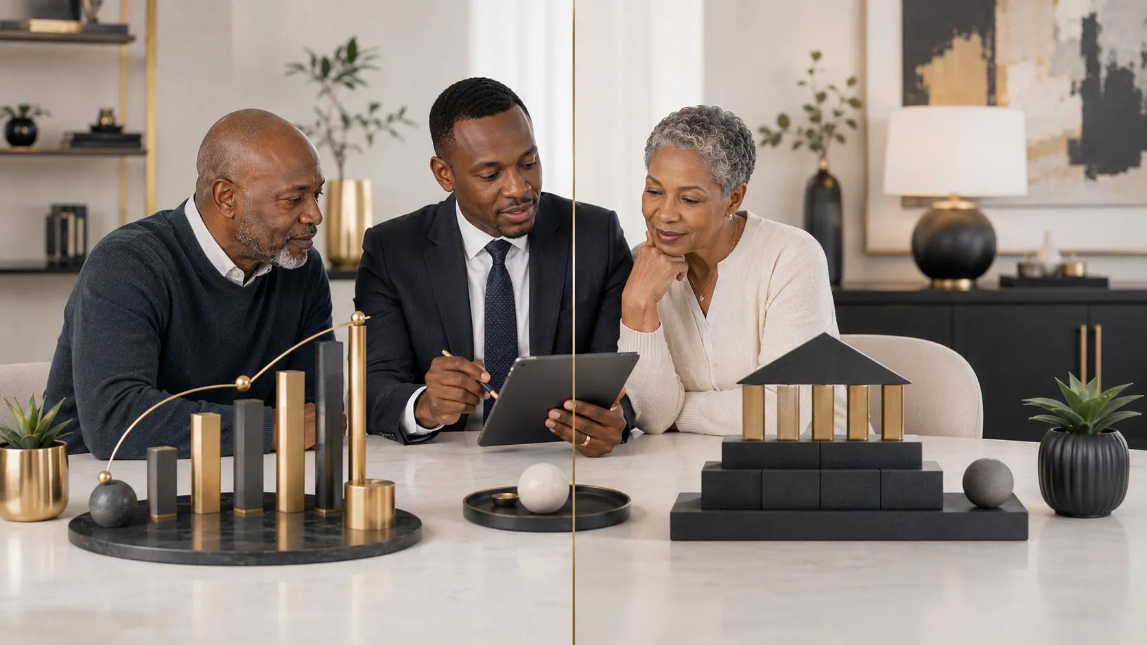 Mature South African couple comparing living and life annuity options with an adviser