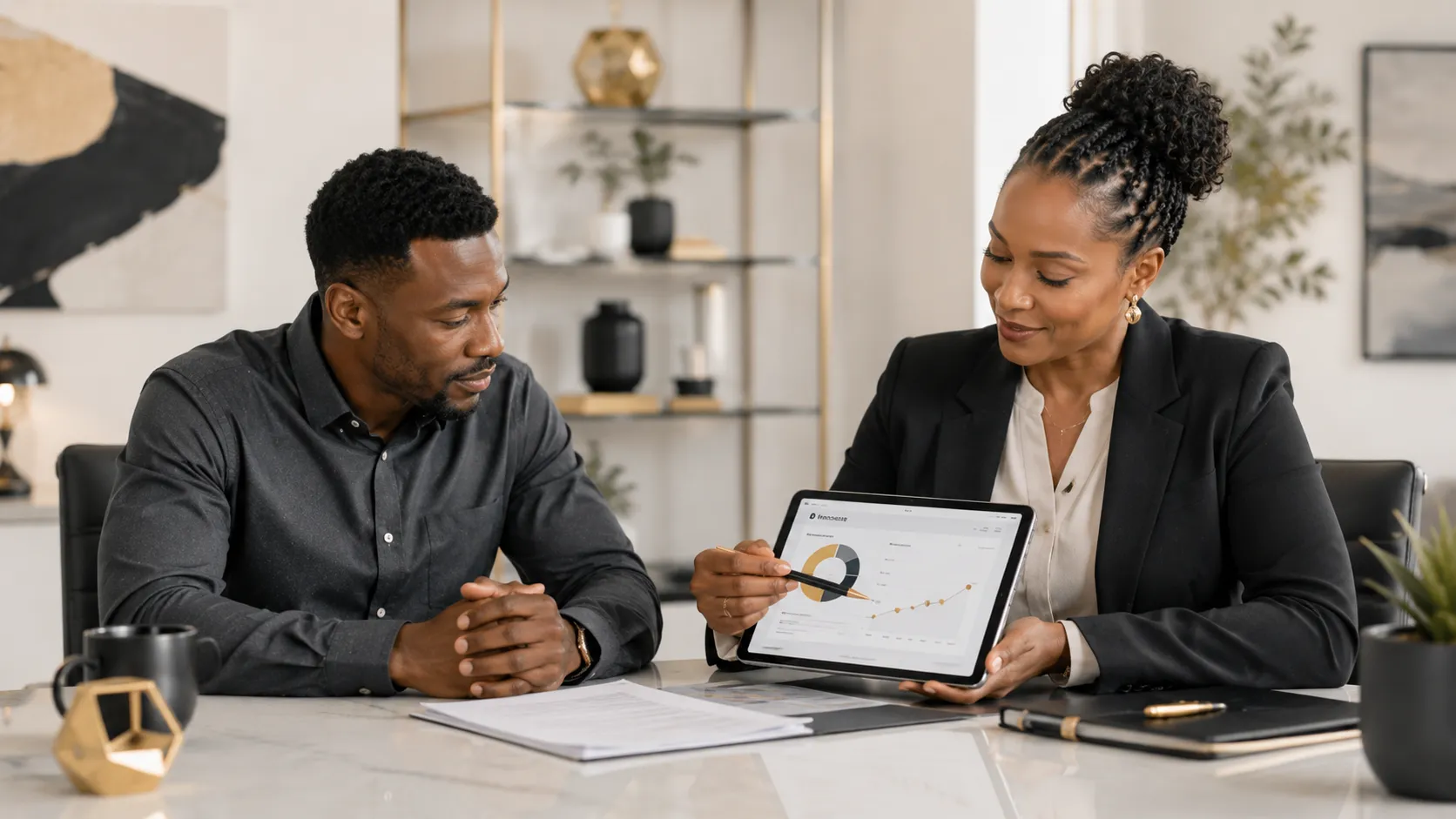 South African professional discussing retirement-annuity contributions with an adviser