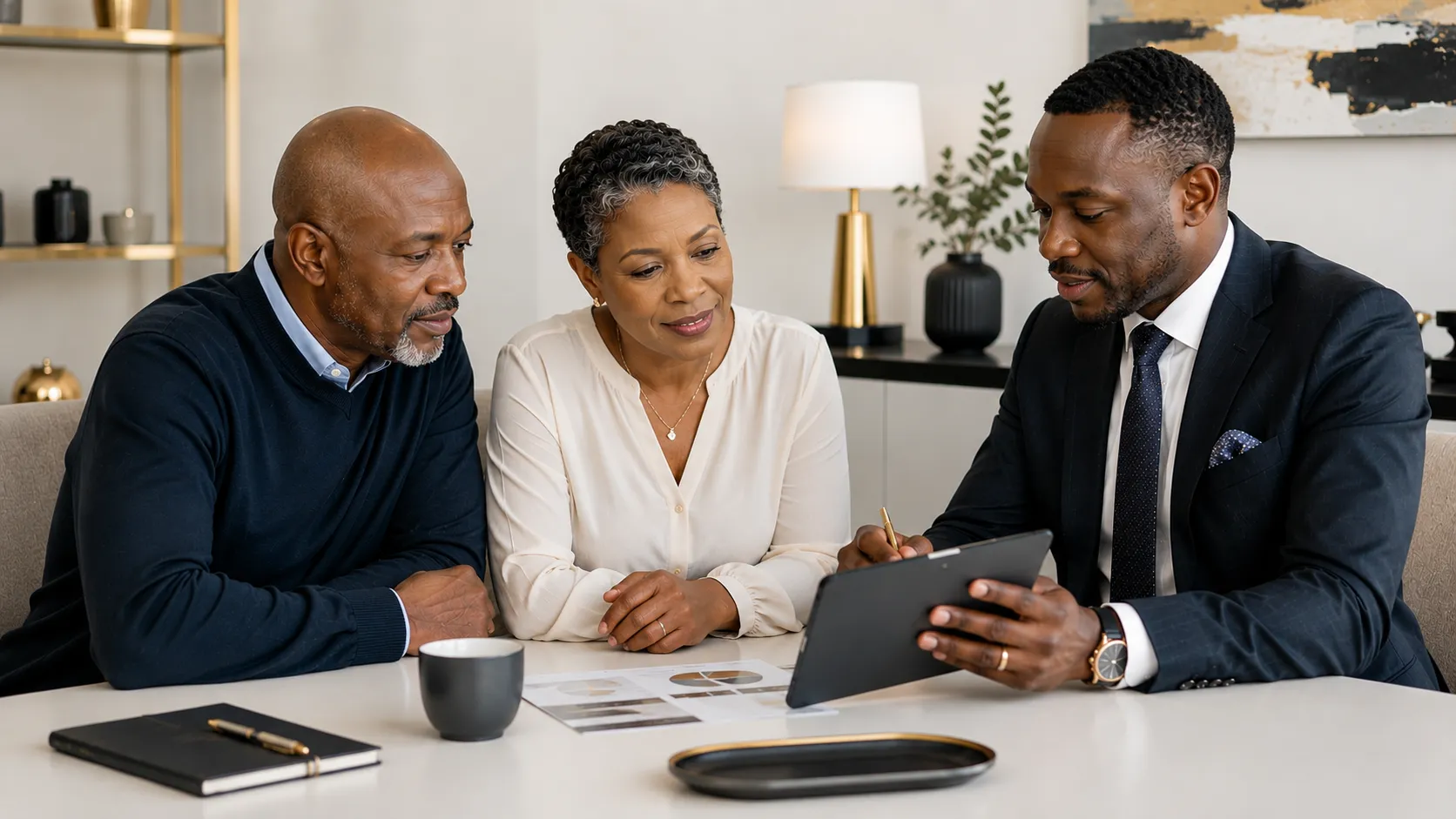 Mature South African couple planning retirement income with a financial adviser
